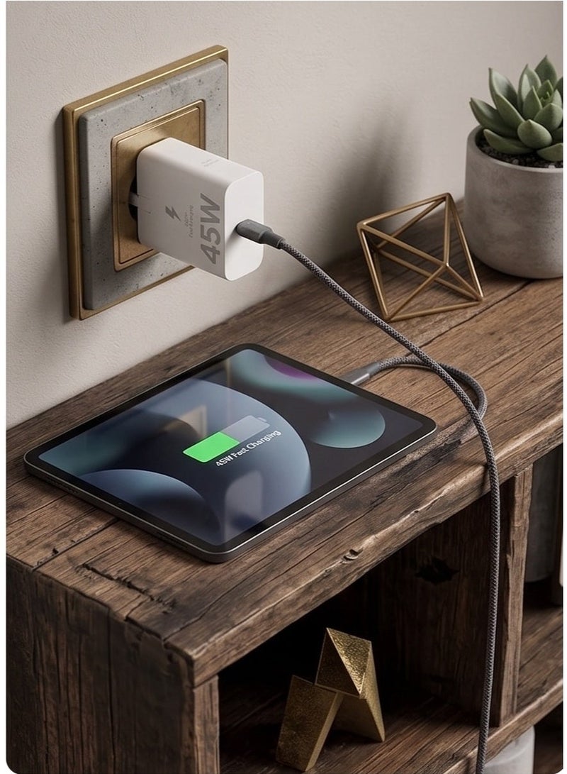 شاحن جداري فائق السرعة بقوة 45 واط بمنفذ USB-C، مزود بقابس ثلاثي الأطراف، متوافق مع هواتف سامسونج جالاكسي S25 ألترا/S25+/S25، وS24 ألترا، وسلسلة S23، والهواتف الذكية والأجهزة اللوحية التي تعمل بنظام أندرويد، بالإضافة إلى أجهزة USB-C. - Image 4