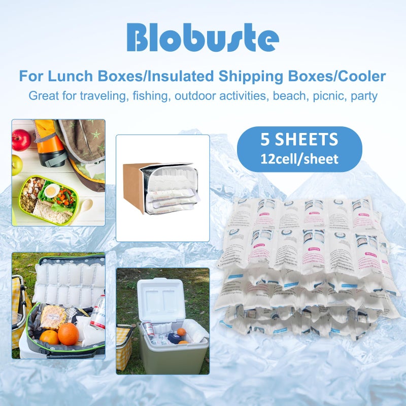 Blobuste Dry Ice Packs for Shipping Frozen Food, No Smoke Effect, Shipping Ice Packs for Cooler/Lunch Box, Shipping Cold Pack Long Lasting, Reusable Gel Ice Freezer Packs for Cooler, Flexible, 5 Sheets-60Cell - Image 2