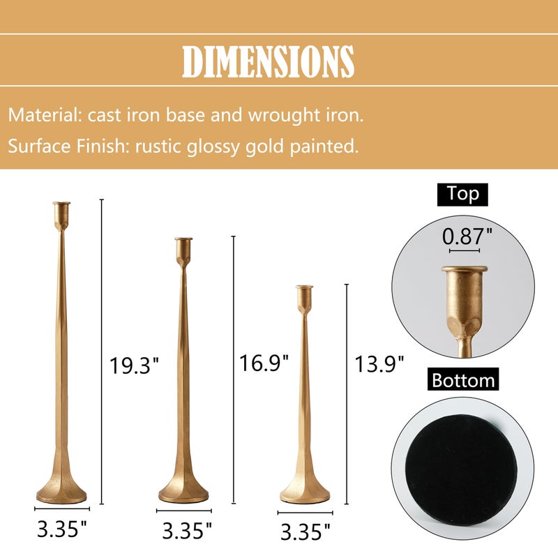 Denique Iron Taper Candle Holder Set of 3, Gold Candlestick Holders 19.3â€17â€ 14â€ Heightening Decorative Candle Stand Set for Wedding, Dining Table, Home Decoration (Gold) - Image 2