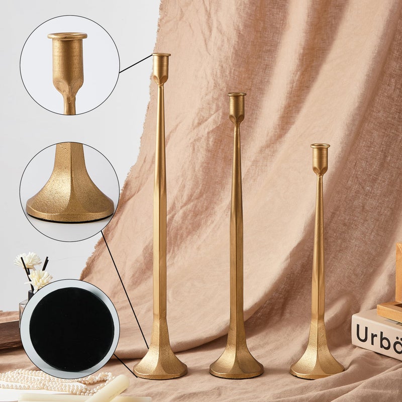 Denique Iron Taper Candle Holder Set of 3, Gold Candlestick Holders 19.3â€17â€ 14â€ Heightening Decorative Candle Stand Set for Wedding, Dining Table, Home Decoration (Gold) - Image 4