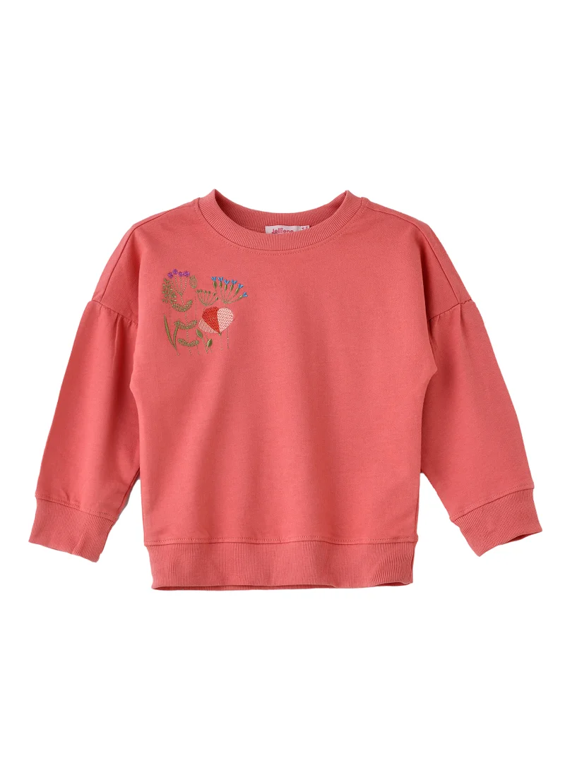 جيلين Girls Coral Sweatshirt with Floral Embroidery