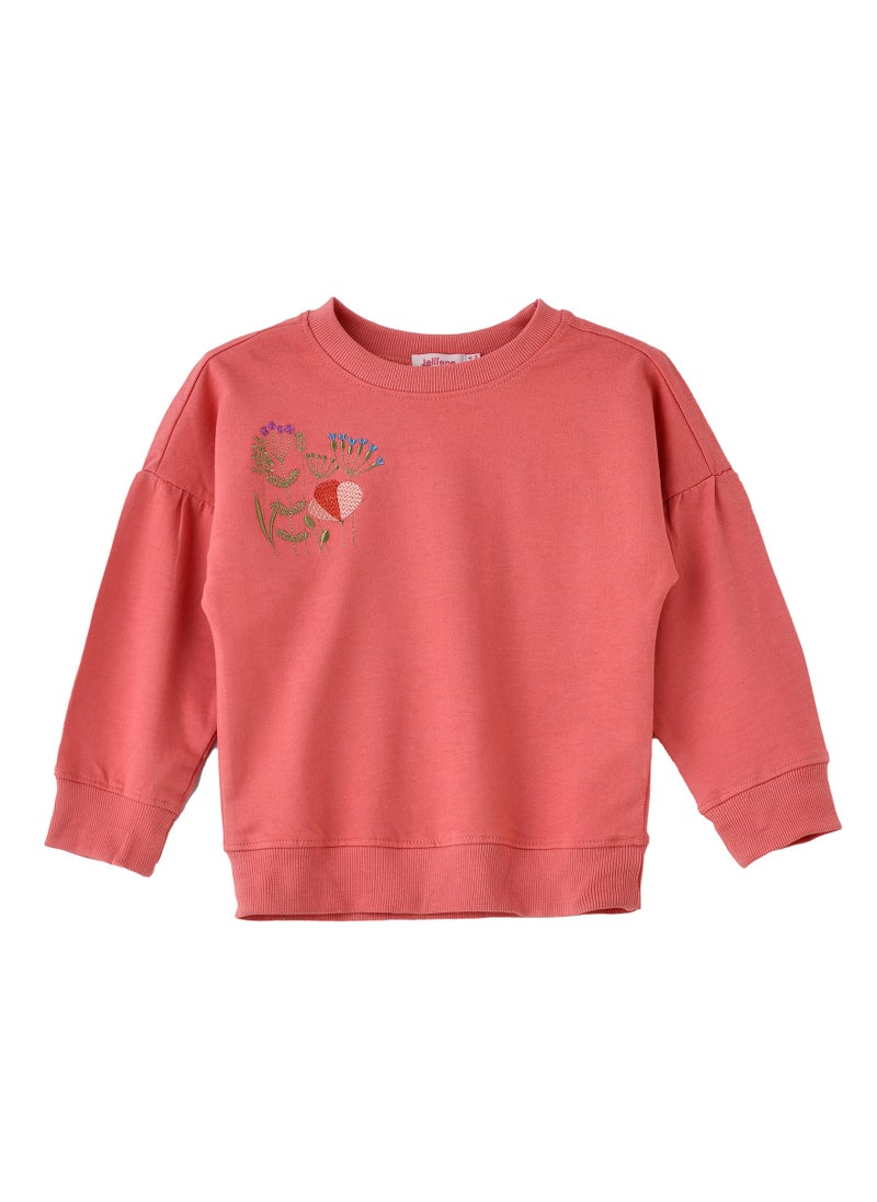 Jelliene Girls Coral Sweatshirt with Floral Embroidery  - Image 1
