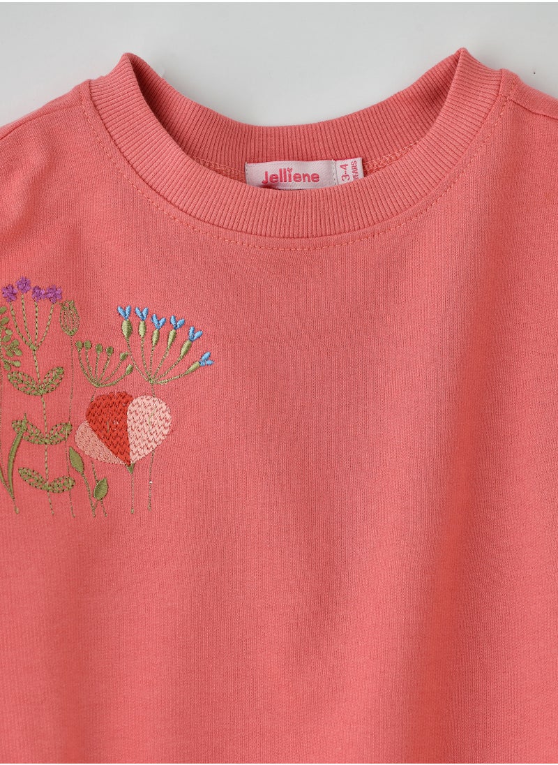 Jelliene Girls Coral Sweatshirt with Floral Embroidery  - Image 3