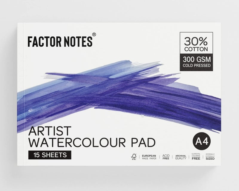 Factor Notes Artist Watercolour Pad: 30% Cotton, 300 GSM, Cold Pressed, Acid-Free Tearable Paper (A4), Oil Paint - Image 1