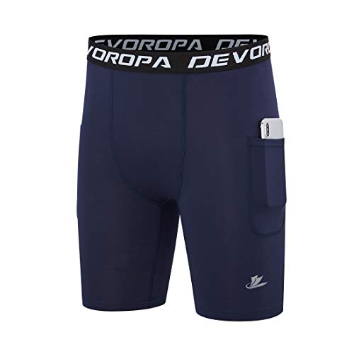 DEVOROPA Youth Boys' Compression Shorts Performance Athletic Base Layers Workout Training Underwear Side Pocket Black/Navy L (Pack of 2) - Image 3
