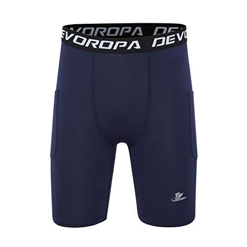 DEVOROPA Youth Boys' Compression Shorts Performance Athletic Base Layers Workout Training Underwear Side Pocket Black/Navy L (Pack of 2) - Image 2