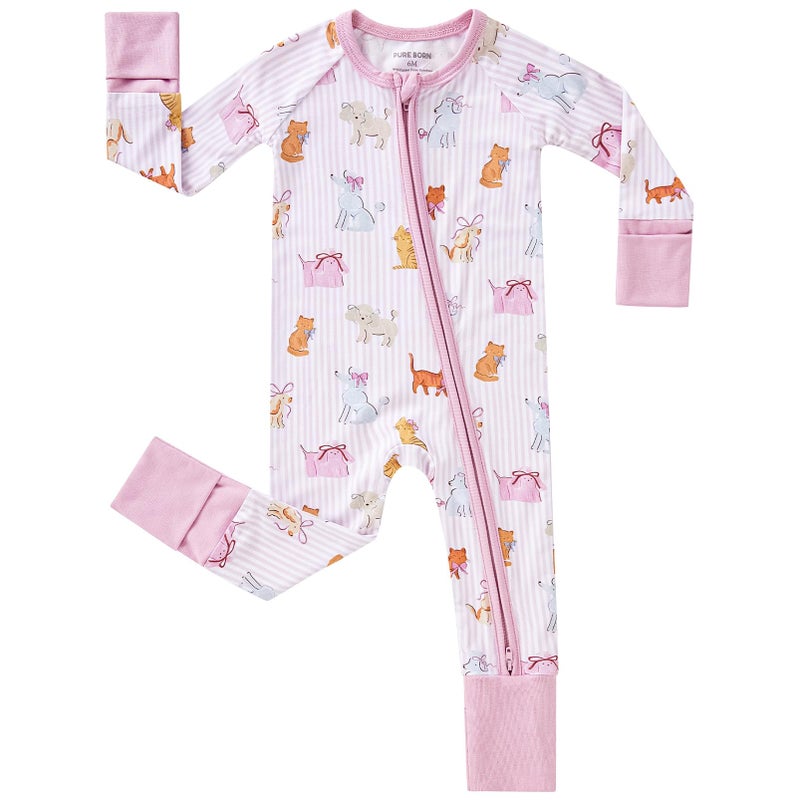 pureborn Baby Girls Sleeper Viscose from Bamboo Pajamas 2-Way Zipper Snug Fit Sleepwear Pet Cats Dogs 6-12 Months - Image 1