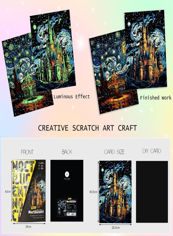 BulChign Scratchboard Art for Adult-Luminous-Scratch Painting Kits for Adults, Noctilucent Arts and Crafts for Teens with Scratchboard Tools 16"x11.2" Rainbow Painting（Amusement Park & Beautiful Castle） - Image 2