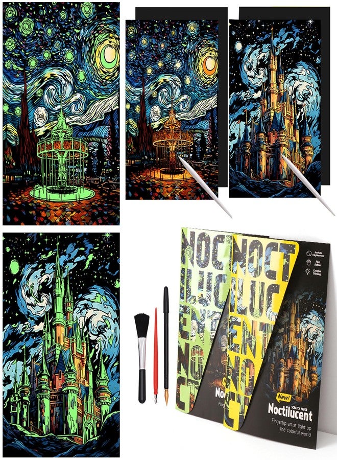 BulChign Scratchboard Art for Adult-Luminous-Scratch Painting Kits for Adults, Noctilucent Arts and Crafts for Teens with Scratchboard Tools 16"x11.2" Rainbow Painting（Amusement Park & Beautiful Castle） - Image 1
