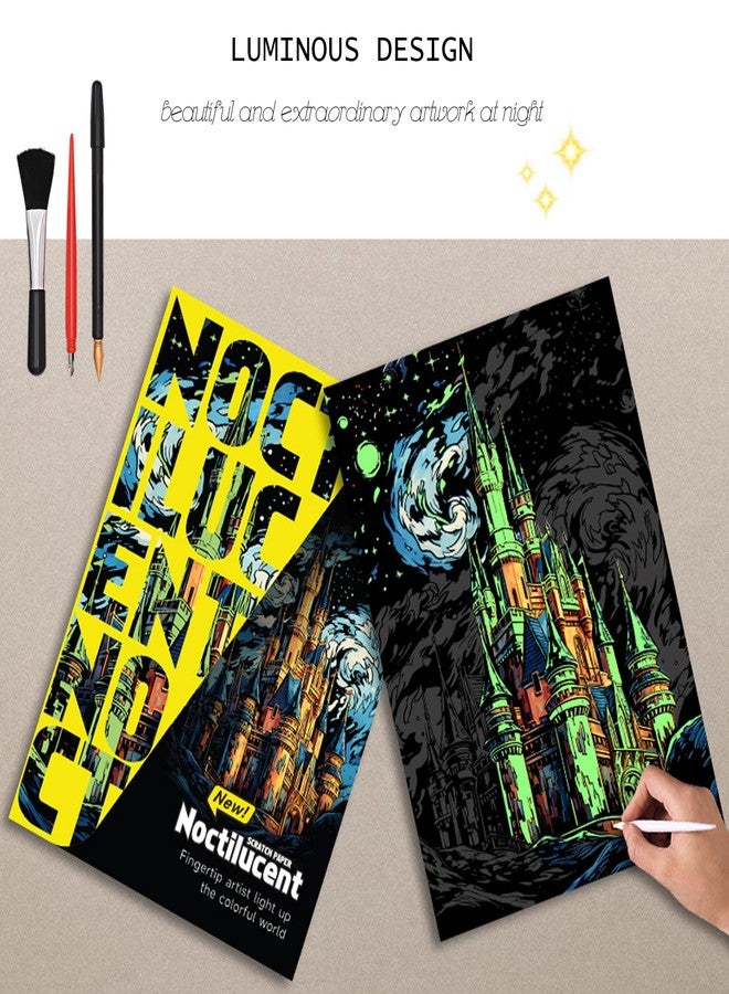 BulChign Scratchboard Art for Adult-Luminous-Scratch Painting Kits for Adults, Noctilucent Arts and Crafts for Teens with Scratchboard Tools 16"x11.2" Rainbow Painting（Amusement Park & Beautiful Castle） - Image 5