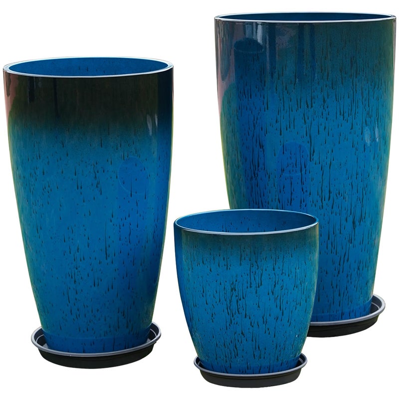 MinCHI257 24,21,11 Inch Large Plastic Planters with Drainage Hole and Saucer - Set of 3 Tall Plant Pots Indoor Flower Pot Tall Round Planters Outdoor Large Tall Planter - Image 1