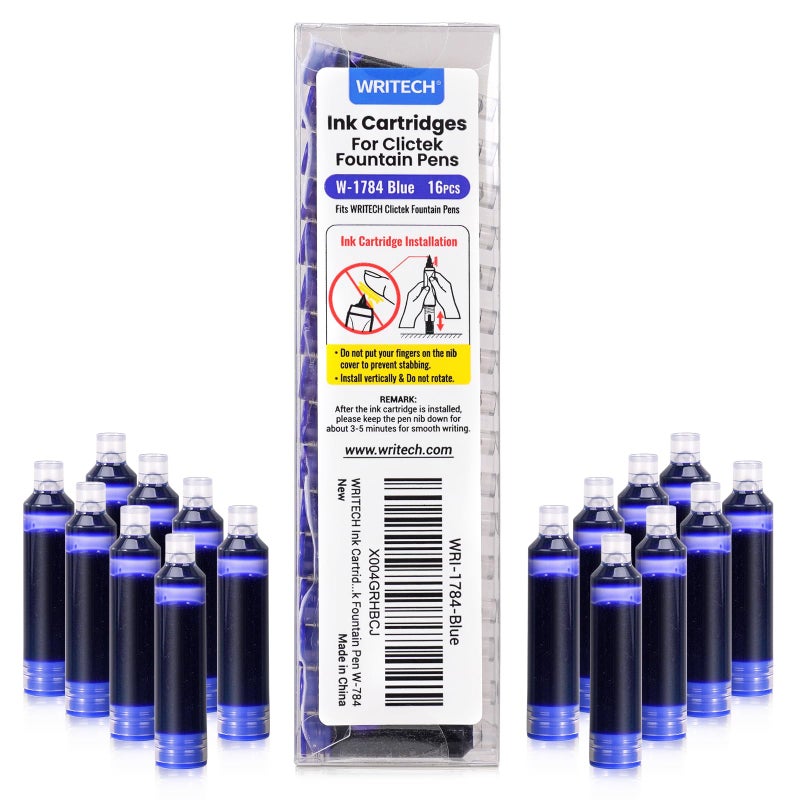 WRITECH Blue Ink Cartridge Set: 16 Ink Cartridges Clictek Fountain Pens - Image 1
