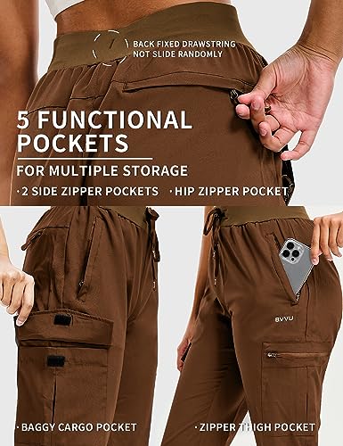 BVVU Women's Hiking Pants Lightweight Quick Dry Travel Outdoor Pants Waterproof Work Cargo Joggers with Zipper Pockets Brown - Image 2