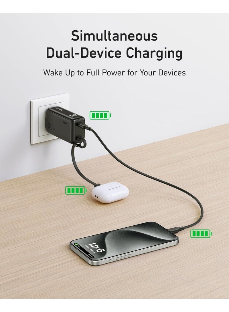 Anker Portable 3-in-1 Power Bank (30W, Fusion, Built-In USB-C Cable) with Digital Display, Simultaneous Dual-Device Charging Compatible with Samsung Smartphones and other Android Devices - Black - Image 5