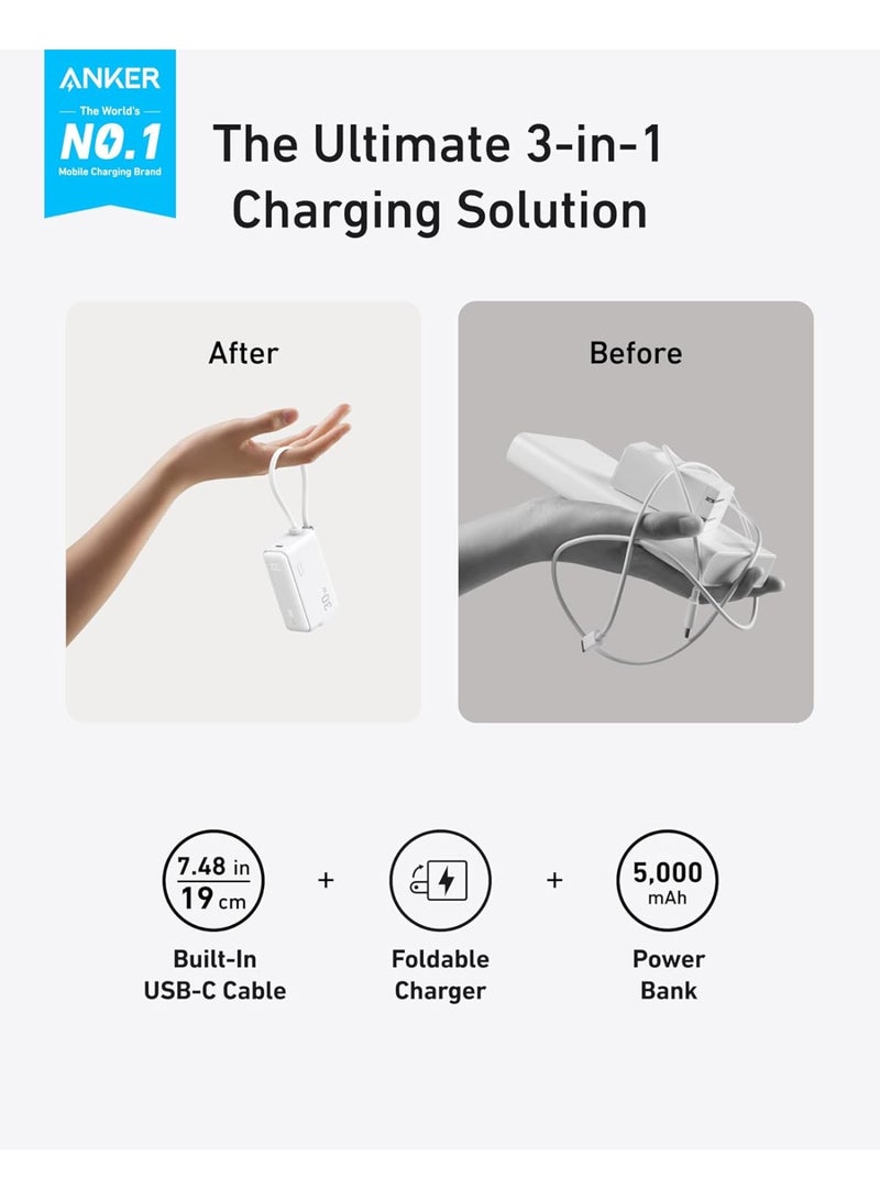 Anker Portable 3-in-1 Power Bank (30W, Fusion, Built-In USB-C Cable) with Digital Display, Simultaneous Dual-Device Charging Compatible with Samsung Smartphones and other Android Devices - Black - Image 2