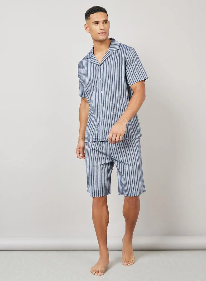 Styli Striped Revere Collar Shirt and Short set