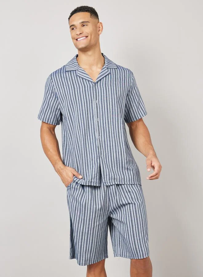 Styli Striped Revere Collar Shirt and Short set