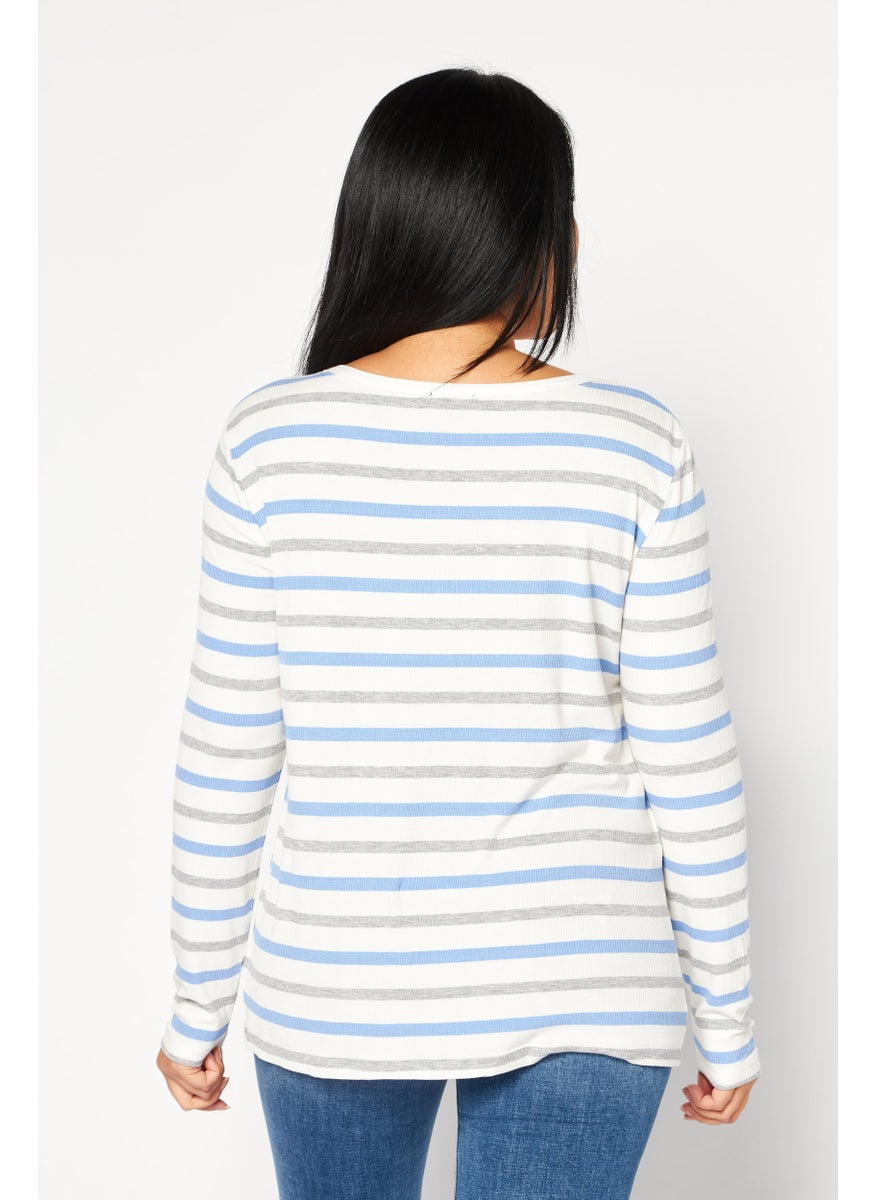 Jones New York - Women Scoop Neck Long Sleeves Stripe Top, White - Image 1