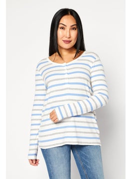 Women Scoop Neck Long Sleeves Stripe Top, White