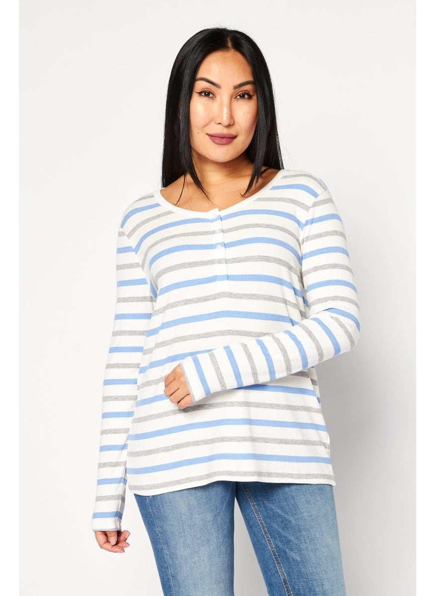 Jones New York - Women Scoop Neck Long Sleeves Stripe Top, White - Image 1