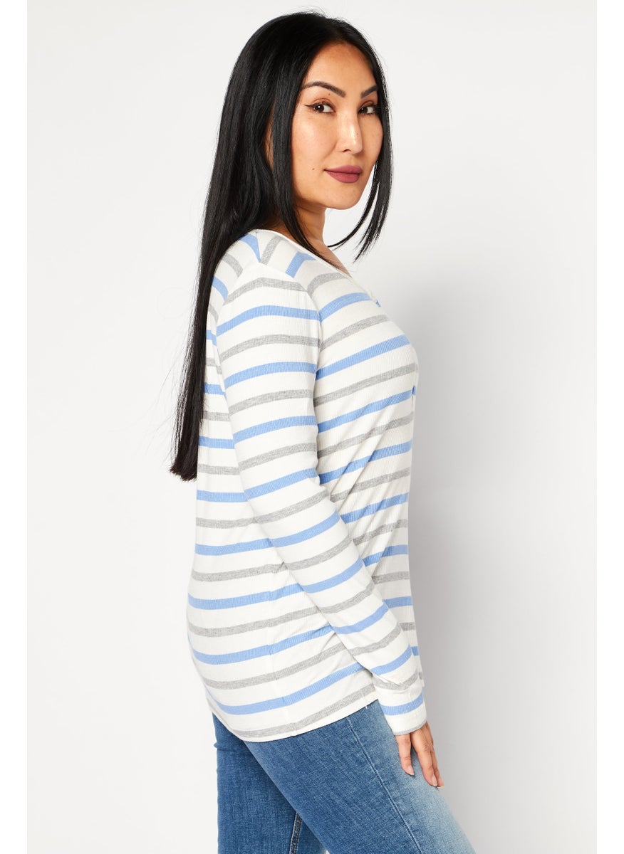 Jones New York - Women Scoop Neck Long Sleeves Stripe Top, White - Image 1