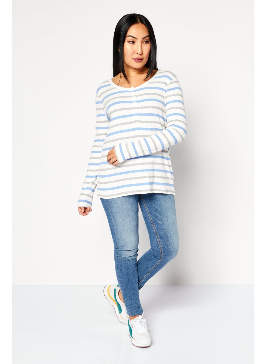 Jones New York - Women Scoop Neck Long Sleeves Stripe Top, White - Image 1