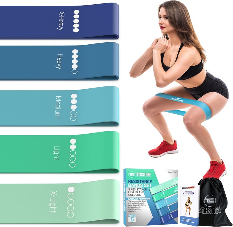 TechStone Resistance Bands Set for Men and Women, Pack of 5 Different Levels Elastic Band for Home Gym Long Exercise Workout – Great Fitness Equipment for Training, Yoga – Free Carrying Bag - Image 1