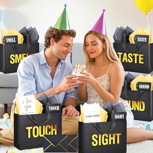 Nimbbex Large 5 Senses Gift Bags for Him with Labels, Envelopes and Cards,Gold Foil Five Senses Gift Bag for Her with Handles & Tissue Paper for Valentine's Day, Birthday, Wedding, Anniversary 12.6"X8.7"X4" - Image 4