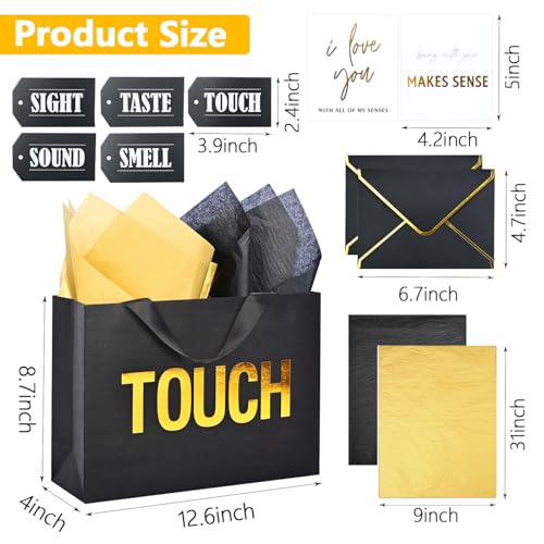 Nimbbex Large 5 Senses Gift Bags for Him with Labels, Envelopes and Cards,Gold Foil Five Senses Gift Bag for Her with Handles & Tissue Paper for Valentine's Day, Birthday, Wedding, Anniversary 12.6"X8.7"X4" - Image 3