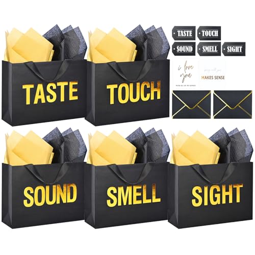 Nimbbex Large 5 Senses Gift Bags for Him with Labels, Envelopes and Cards,Gold Foil Five Senses Gift Bag for Her with Handles & Tissue Paper for Valentine's Day, Birthday, Wedding, Anniversary 12.6"X8.7"X4" - Image 1