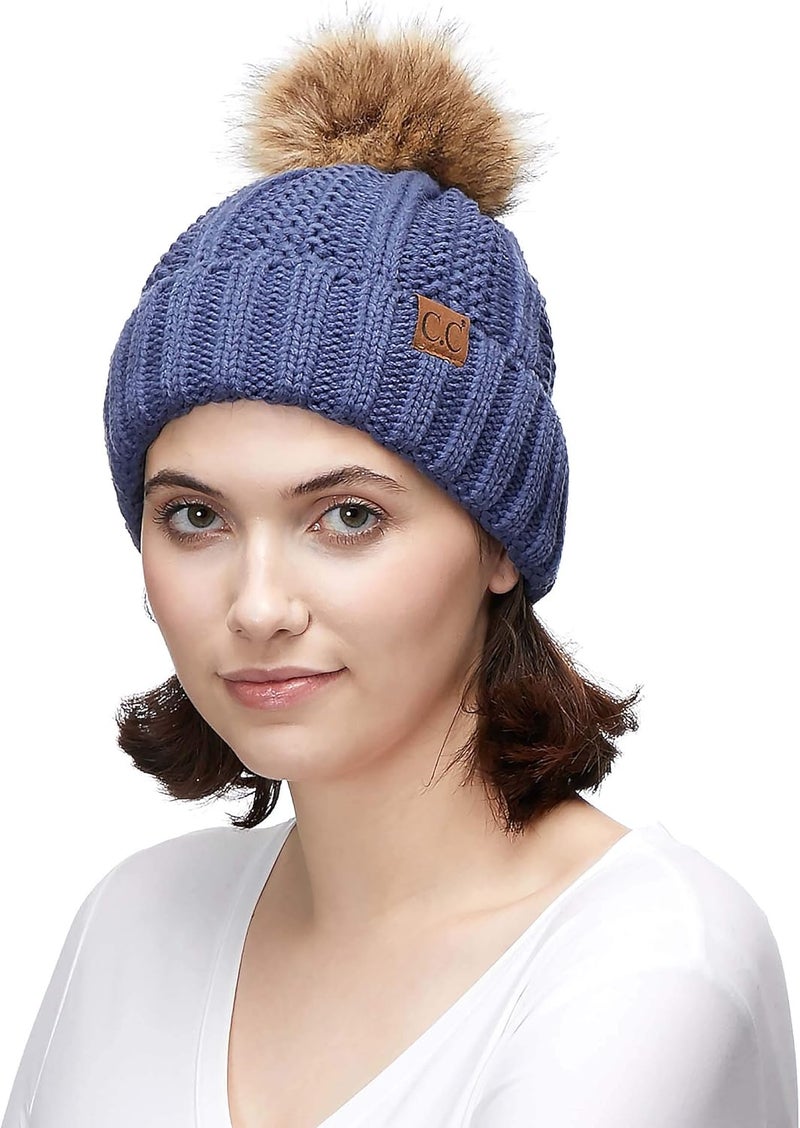 Cc Thick Cable Knit Faux Fuzzy Fur Pom Fleece Lined Skull Cap Cuff Beanie - Image 4