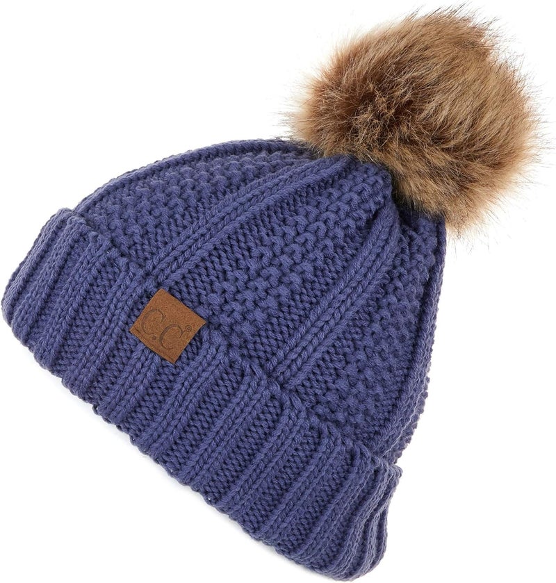 Cc Thick Cable Knit Faux Fuzzy Fur Pom Fleece Lined Skull Cap Cuff Beanie - Image 1