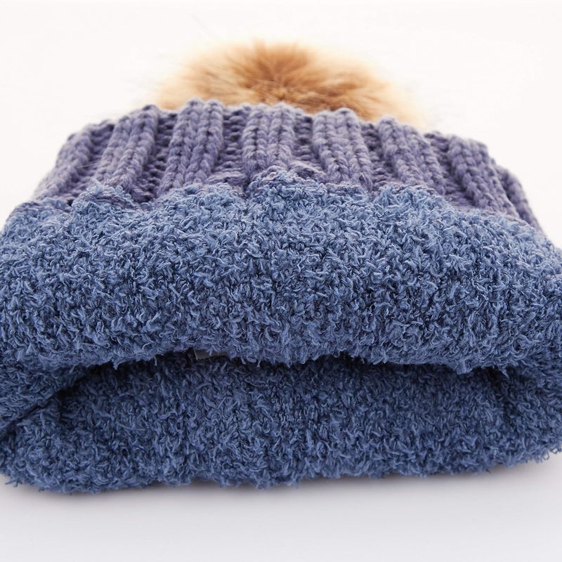 Cc Thick Cable Knit Faux Fuzzy Fur Pom Fleece Lined Skull Cap Cuff Beanie - Image 3