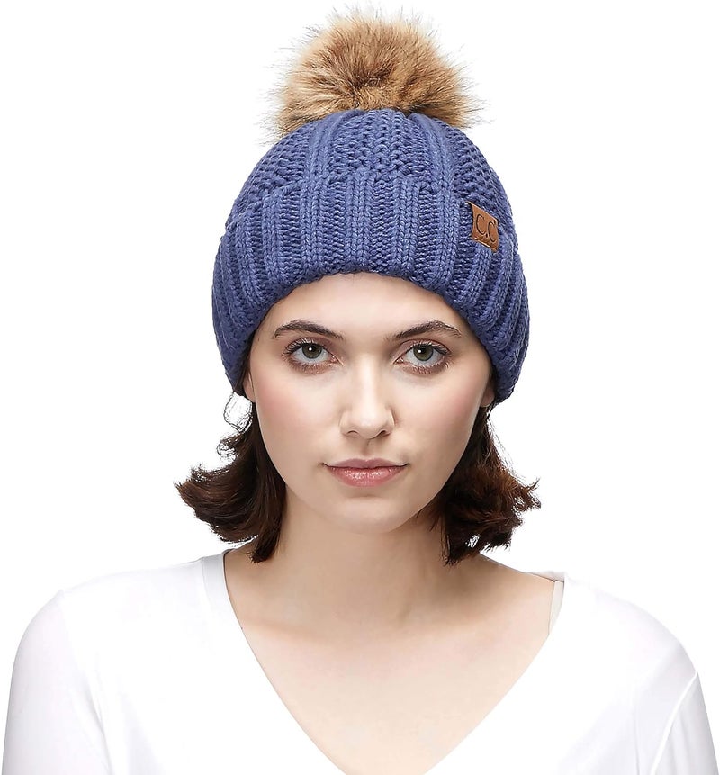 Cc Thick Cable Knit Faux Fuzzy Fur Pom Fleece Lined Skull Cap Cuff Beanie - Image 5