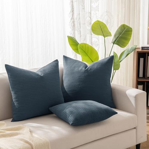 COCOPLOCEUS 18x18 Throw Pillow Covers Set of 2 Boho Decorative Pillow Shams Stone Washed Cotton Pillowcase Waffle Square for Couch Sofa Chair Bed Car, Blue Grey - Image 5