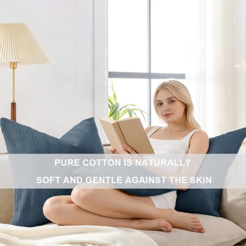 COCOPLOCEUS 18x18 Throw Pillow Covers Set of 2 Boho Decorative Pillow Shams Stone Washed Cotton Pillowcase Waffle Square for Couch Sofa Chair Bed Car, Blue Grey - Image 3