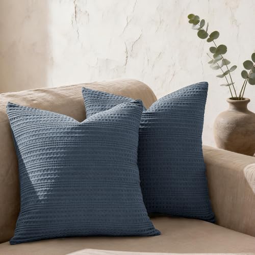 COCOPLOCEUS 18x18 Throw Pillow Covers Set of 2 Boho Decorative Pillow Shams Stone Washed Cotton Pillowcase Waffle Square for Couch Sofa Chair Bed Car, Blue Grey - Image 1