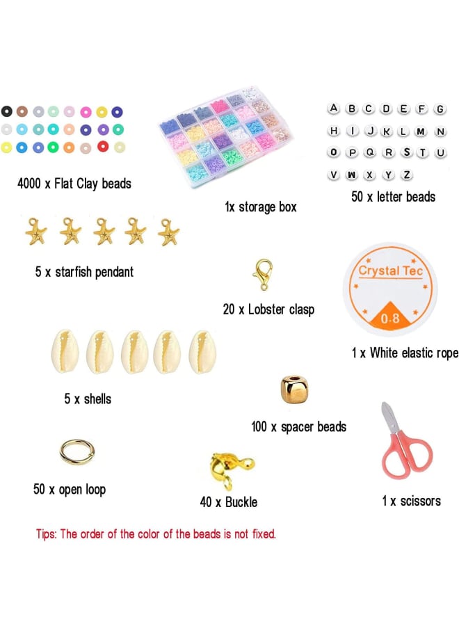 4080 pieces clay beads for jewellery making for girls, necklace making kit bracelet making kit seed beads for girls DIY material: polymer clay box size: 17.5 10 2.2 cm flat clay beads size: diameter: 6 mm thickness: 1 mm age includes: 4000 x flat clay beads 1 x white elastic rope 1 x scissors 20 x lobster clasp 50 x letter beads 5 x sections. 5 star pendant 5 star pendant x Shells 50 x Open Bow 100 x Spacer Beads 40 x Buckle 1 x Storage Box Note: 1. There will be a small error due to manual aging. Please understand and contact the use. 2. Do not let children under 6 years old use it alone to prevent swallowing. For use under adult supervision. 3. The work on completing the picture is for reference only. It is not included in the age. Macllar-: If you have any questions about the products, please feel free to contact us at any time. We will help you solve the problem in time. We wish you a pleasant shopping experience. - Image 2