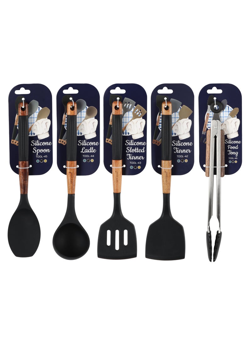 Life Smile Lifesmile Silicone Kitchen Utensils Set | Spoon, Ladle, Turner, Slotted Turner & Food Tong | Wooden Handle - Image 1