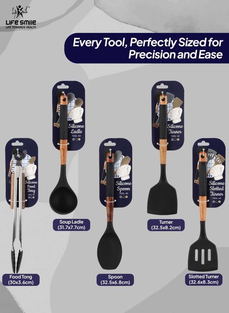 Life Smile Lifesmile Silicone Kitchen Utensils Set | Spoon, Ladle, Turner, Slotted Turner & Food Tong | Wooden Handle - Image 2