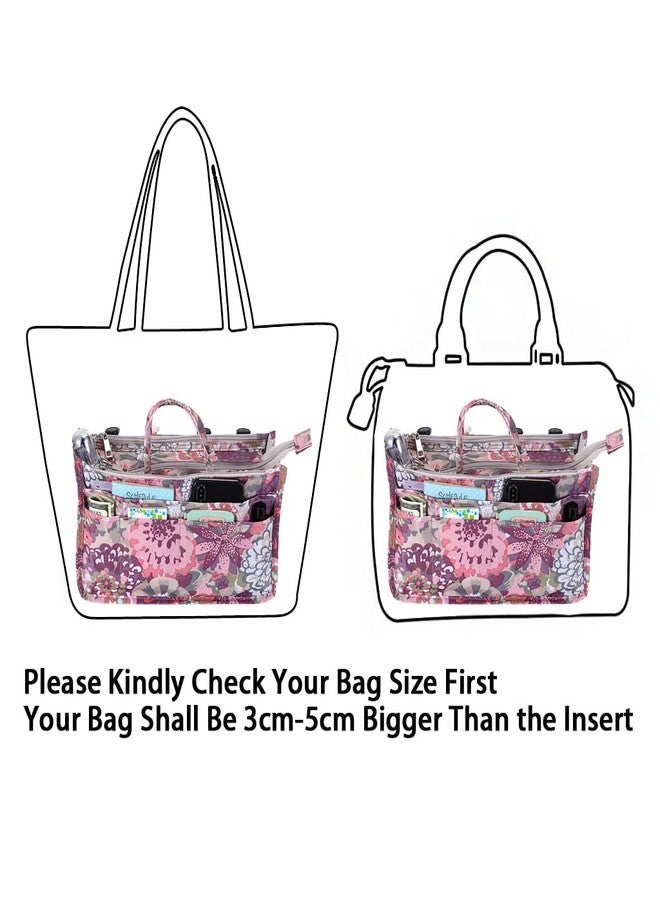 BTSKY Printing Handbag Organizers Inside Purse Insert - High Capacity 13 Pockets Bag Tote Organizer with Handle (Peony) - Image 4
