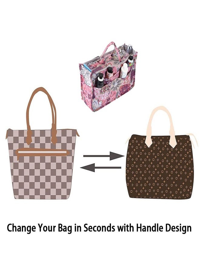 BTSKY Printing Handbag Organizers Inside Purse Insert - High Capacity 13 Pockets Bag Tote Organizer with Handle (Peony) - Image 5