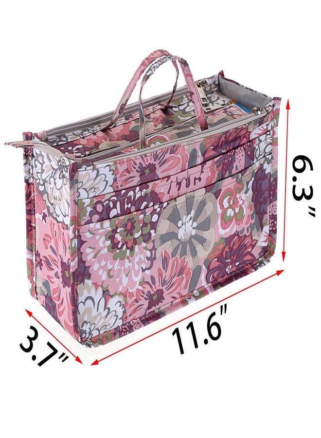 BTSKY Printing Handbag Organizers Inside Purse Insert - High Capacity 13 Pockets Bag Tote Organizer with Handle (Peony) - Image 3