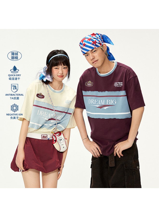 EPTISON Women's Cotton T-shirt 2025 Summer Color-blocked Spliced Letter Print Moisture-wicking Quick-dry Ladies Tee - Image 2