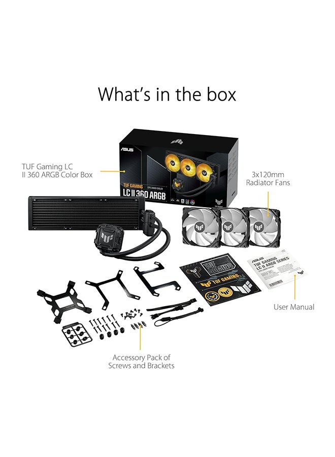 ASUS TUF Gaming LC II 360 ARGB Liquid Cooler – 360mm Radiator, 3 x 120mm TUF ARGB Fans, 400mm Reinforced Tubing, Decoupled Low-Noise Pump with Cover, Aura Sync Compatible, High-Density Fins, Anti-Corrosion Coating, Universal Compatibility for Intel & AMD, 90RC00M1-M0UAY0 Black - Image 4