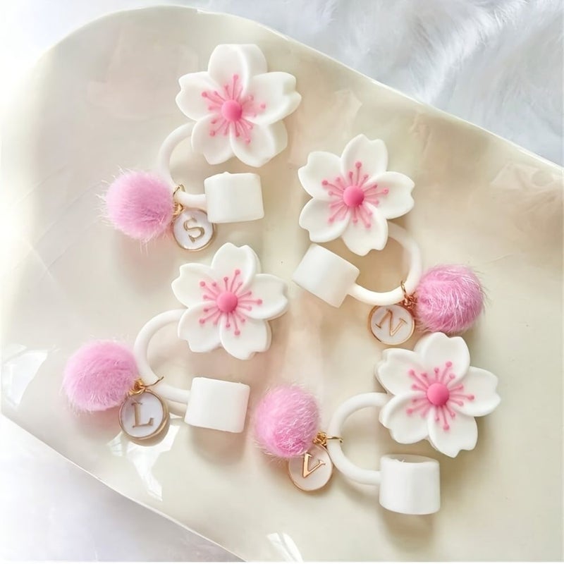 Set Of 3 Reusable Silicone Straw Caps With Ball And Letter Pendant Dustproof Straw Stopper Pink Ball - Image 2