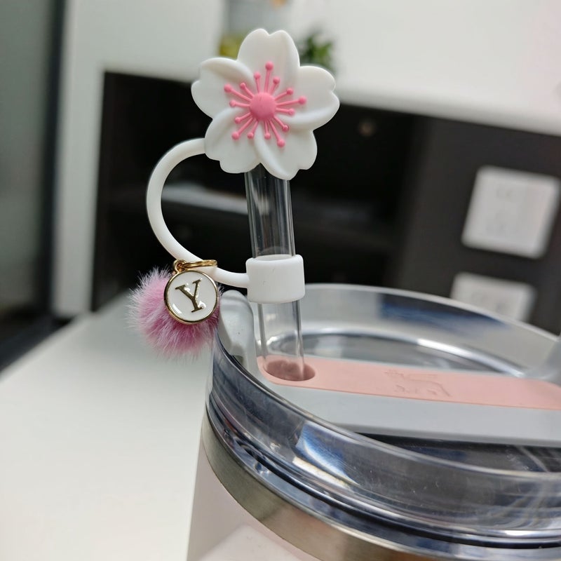 Set Of 3 Reusable Silicone Straw Caps With Ball And Letter Pendant Dustproof Straw Stopper Pink Ball - Image 4