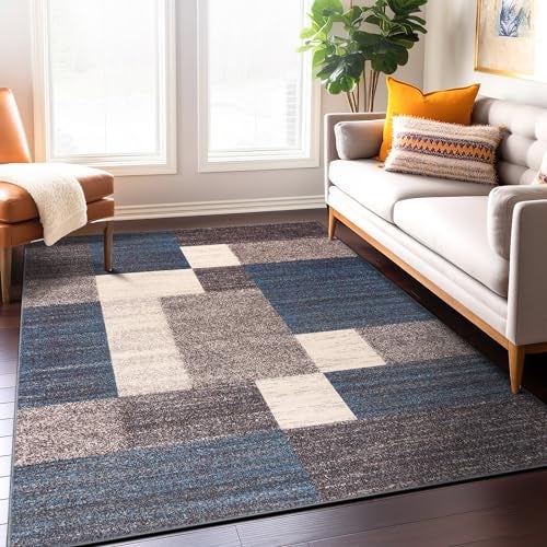 Rugshop Modern Boxes Design NonSlip NonSkid Area Rug 8 x 10 7 10 x 10 Blue