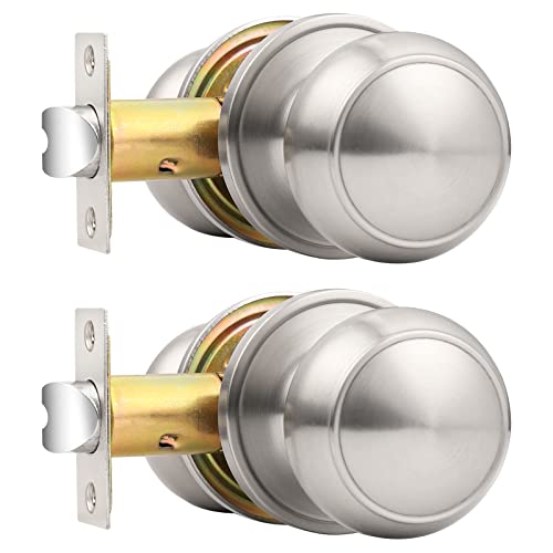Probrico Brushed Nickel Passage Door Knobs Round Handles for Hall or Closet Knobs Keyless Hardware 2 Pack - Image 1