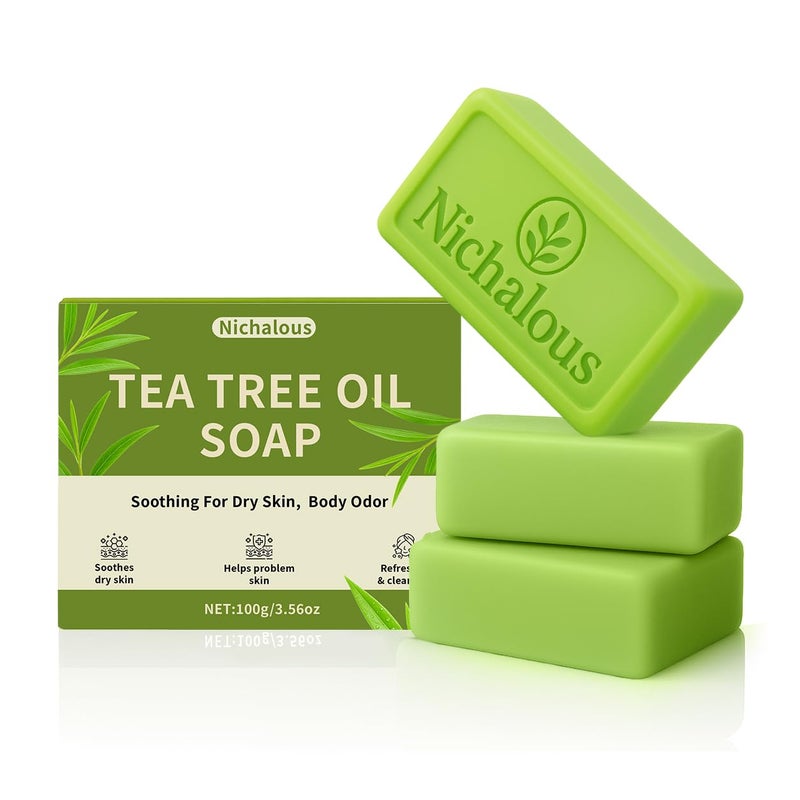 Nichalous 3PCS Tea Tree Soap, Tea Tree Relief Soap Bar, with Tea Tree Oil & Coconut Oil & Witch Hazel, Deep Pore Cleansing, Natural Herbal Foot Soaps Bar for Men & Women â€“ 3.5 oz - Image 1